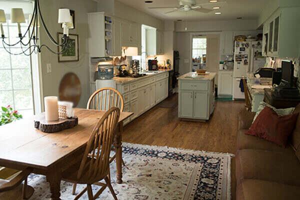 Clean hardwood floor in kitchen